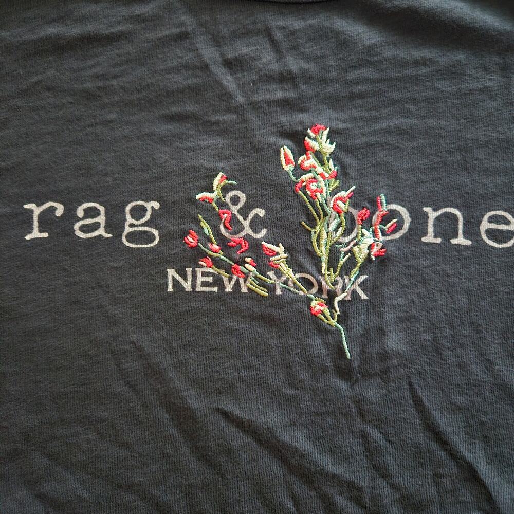 Women's Rag & Bone Black Embroidered Bouquet Logo Short Sleeve T-Shirt Medium - Picture 4 of 11